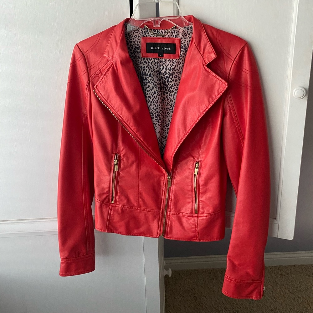 red faux leather jacket